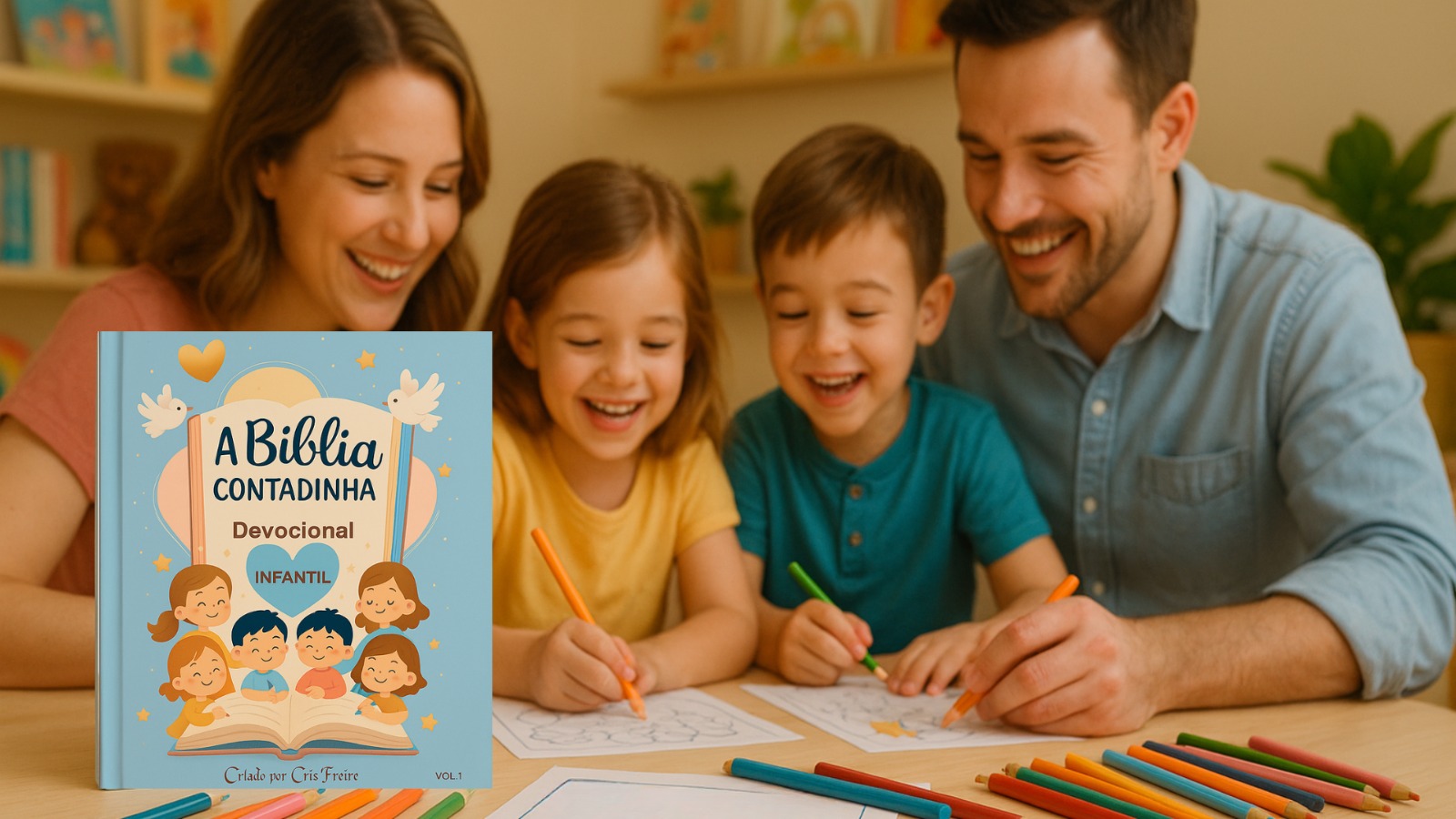 Família feliz usando A Bíblia Contadinha